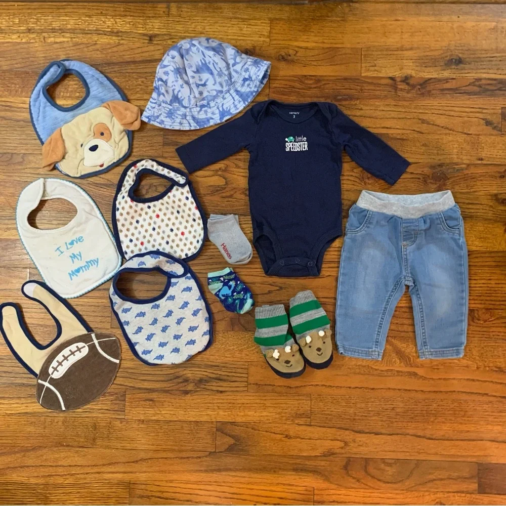 Baby Boy LS Shirt Pants Bibs Hat Socks & Shoes Bundle LS Onesie Blue Jean Pants